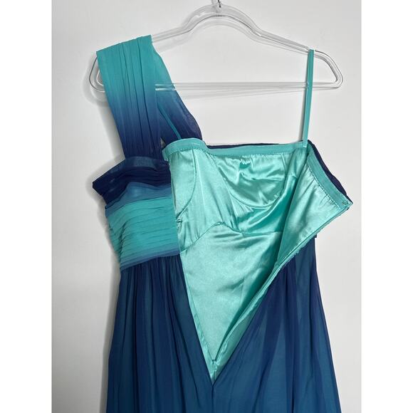 2000s BCBG Max Azria Teal Blue Ombre One-Shoulder Chiffon Evening Gown – Size 0 - Picture 11 of 12